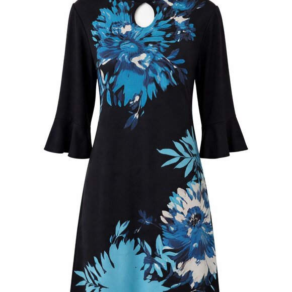 Roz & Ali Black Blue Floral Bell Sleeve Dress Size Large - Picture 6 of 12